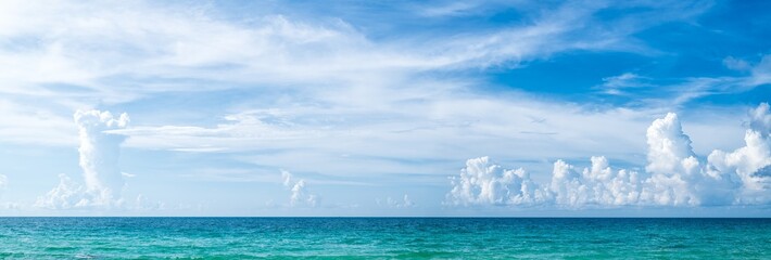 Wall Mural - panoramic beautiful seascape with blue sky on a sunny day. nature background. sea surface in sun lig