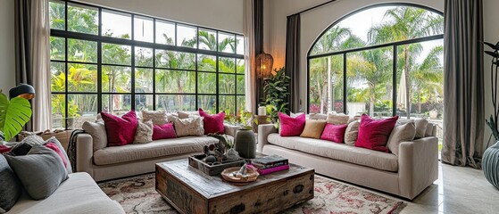 Canvas Print - Luxurious Living Room with Tropical View and Plush Couches