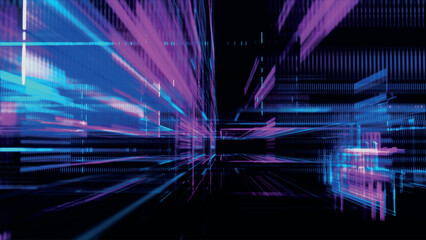 Fototapete - Abstract techno background. Three-dimensional composition of intersecting multi-colored grids. Information technology concept. Digital cyberspace with particles. 3d vector illustration