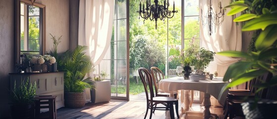 Canvas Print - Sunlit Dining Room With Garden View And Plants