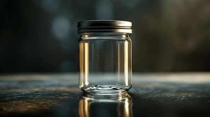 A glass jar with a metal lid, hovering in mid-air with fine reflections.