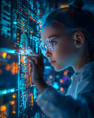 girl interacts with futuristic tech display