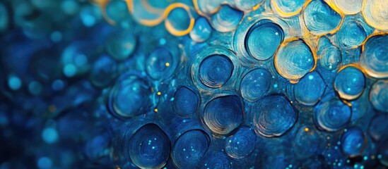 Poster - Blue abstract background with circular bokeh effects featuring vibrant hues and blurred textures for design and artistic applications.