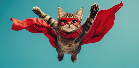 Poster - A superhero cat with a red cloak and mask, flying in the air, isolated on a blue background