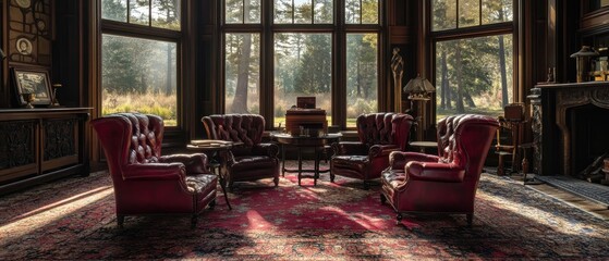 Canvas Print - Sunlit Library With Leather Chairs And Large Windows