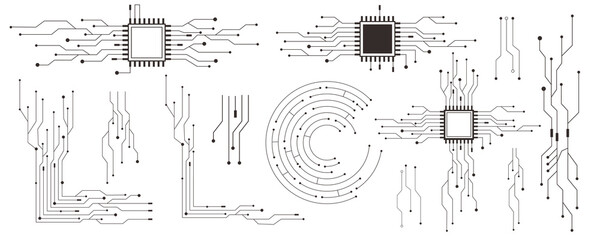 Wall Mural - Circuit board line microchip, software. Integrated motherboard, connections. Innovative Electronic Network. Technology background, design elements geometric and connection system.