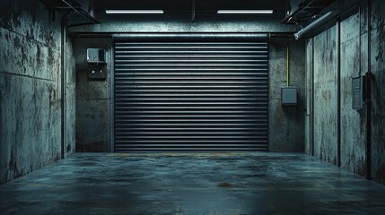 Fototapete - empty dark industrial garage with a steel roller shutter door, metal floor, and walls as a background for product presentation mock-up