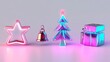© Oksana - Neon holiday decor: star, bell, tree, and gift box.