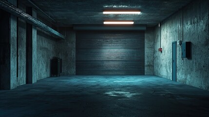 Fototapete - Dark empty industrial background with a metal garage door and floor, studio lighting