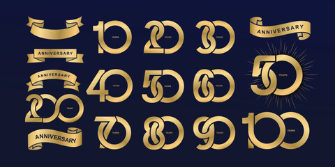 Set of gold anniversary pictogram icon. Logo year numbers 10, 20, 30, 40, 50, 60, 70, 80, 90, years birthday logo label, golden stamp. Festive ribbons, decoration Vector logo numbers illustration.