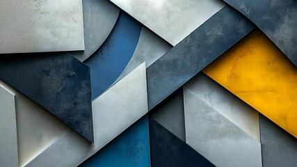 Poster - Unique abstract mural blending geometric shapes in captivating hues of blue, gray, and vibrant yellow in modern urban space. Generative AI