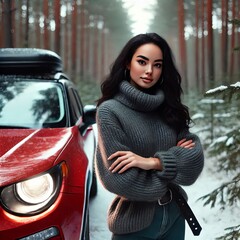 New car is in the forest. Beautiful young woman is outdoors near her red automobile at winter time
