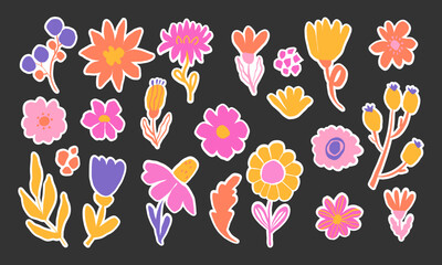Fototapete - Set of hand drawn abstract floral stickers on a dark background