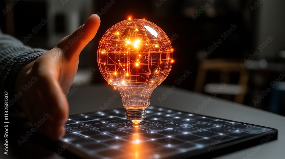 Glowing Ideas: A Hand reaches out to touch a glowing light bulb ...
