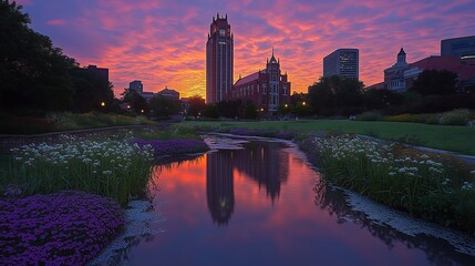 Wall Mural - Vibrant Sunset over City Park Reflection 