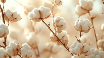 Aufkleber - Close-up of cotton blossoms reveals their intricate details and soft texture, bathed in warm golden light. This serene moment brings forth the beauty of nature in gentle harmony