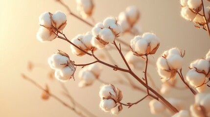Aufkleber - Cotton blossoms display their fluffy white petals against a soft, warm background, basking in the golden light of dusk. Nature's beauty shines in this peaceful moment