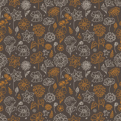 Fototapete - Seamless floral outline pattern on a dark background