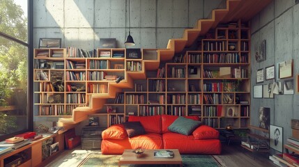 Canvas Print - Modern Living Room With Built In Bookcase Staircase