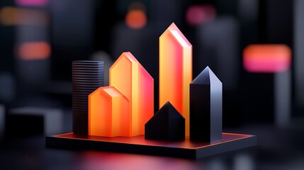 Poster - Abstract 3D graphic showing glowing orange and black geometric shapes resembling a city skyline or bar chart.