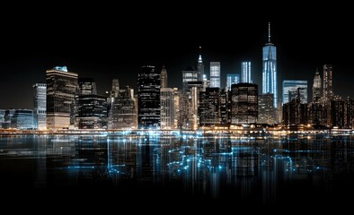 Poster - A digital representation of a world map showcases global network connections above skyline, featuring the Bridge at night.