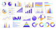 © GN.STUDIO - Collection of colorful charts and graphs, including bar, line, pie, and pyramid graphs, on a white background. Data visualization concept. Vector illustration.
