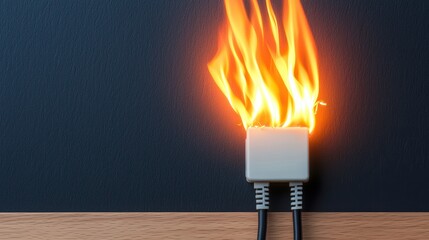 Poster - Silent Threats Concept, Glowing Electrical Cord with Frayed Edges Emitting Flames Against a Dark Background