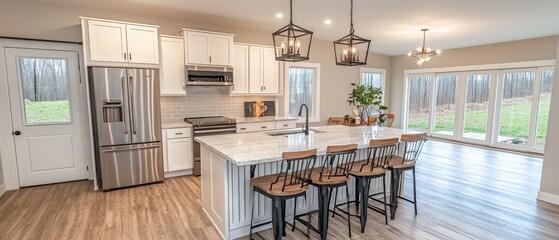 Canvas Print - Modern Farmhouse Kitchen Island with White Cabinets and Island Seating