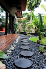 Canvas Print - Serene Garden Pathway With Stone Stepping Stones