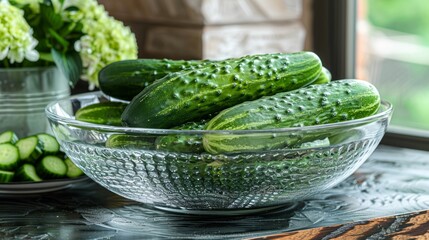 Wall Mural - Fresh green cucumbers in a glass bowl, slices on a plate nearby, with hydrangeas in the background.