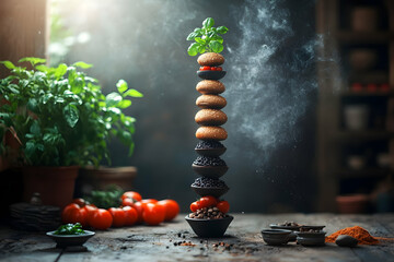 Wall Mural - Stacked bread, tomatoes, and spices on rustic wooden table.