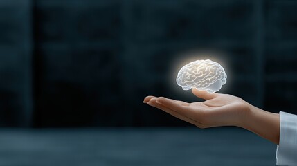 Poster - A hand delicately grips a brain, illuminated by a bright blue glow amidst a digital landscape showcasing an advanced AI supercomputer