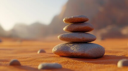 Poster - Nestled in the warm desert sand, a carefully balanced stack of smooth rocks rises gracefully against a backdrop of rugged mountains. The sun casts golden hues, enhancing the tranquil atmosphere