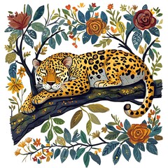 Wall Mural - Serene Jaguar Resting on a Branch Amidst a Vibrant Floral Arrangement.