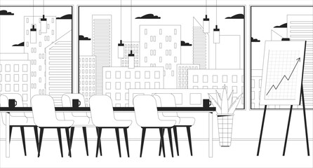 Poster - Empty boardroom corporate chart board black and white line illustration. Business room with financial growth whiteboard desk 2D interior monochrome backdrop. Meeting space. Company outline vector