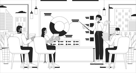 Poster - company summary of fiscal year black and white line illustration. woman manager briefing team 2d cha