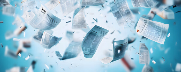 Wall Mural - Falling Newspapers On Blue Background.