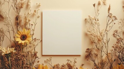 Poster - Delicate wildflowers in soft hues surround a pristine white canvas set against a warm beige backdrop, creating a serene atmosphere for artistic expression and inspiration