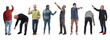 © Curto - various poses of a group of men pointing fingers everywhere down, center and up on white background..