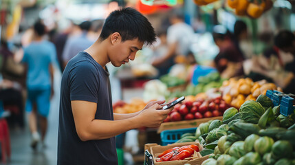 Asian man, using phone at market, with produce for shopping or food, technology or communication. Adult, mobile, screen or app with vegetables, digital or outdoor market for commerce or retail