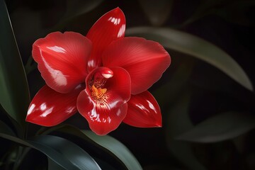 Canvas Print - Brilliant Red Orchid with Glossy Petals Reflecting Light on a Dark Background