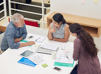 Aufkleber - Architect, meeting and team planning in office with budget strategy, financial framework and renovation cost analysis. Architecture, happy people and discussion with documents for remodeling project