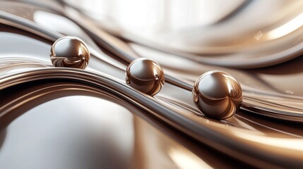 Aufkleber - Smooth metallic spheres flow gracefully along abstract, undulating surfaces, creating a captivating dance of light and shadow in a tranquil environment, Mocha Mousse