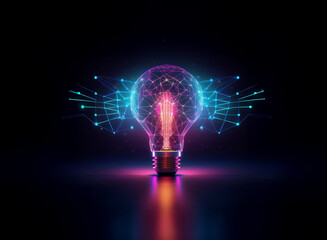 Aufkleber - A glowing lightbulb, rendered in vibrant pink and blue hues, is depicted with intricate network connections emanating from it, symbolizing innovation and interconnected ideas.