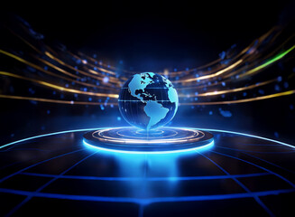 Aufkleber - A glowing digital earth rests on a futuristic platform, surrounded by streaks of light suggesting global connectivity and technological advancement.