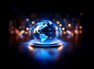 Poster - A glowing, digital globe rests on a circular platform, set against a blurred cityscape at night.  The image evokes themes of global connectivity and technological advancement.