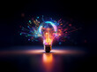 © YiuCheung - A vibrant lightbulb bursts with colorful energy, radiating innovation and creativity against a dark background.  Its glow reflects on a shiny surface.