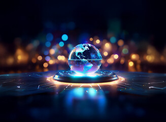 Poster - A futuristic glass globe, illuminated from within, rests on a glowing circular platform against a bokeh city backdrop.  It symbolizes global connectivity and technological advancement.