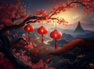 Poster - Serene sunset over misty mountains.  Red lanterns hang from a blossoming cherry tree branch, creating a peaceful, dreamlike scene.  Falling petals add to the magical ambiance.