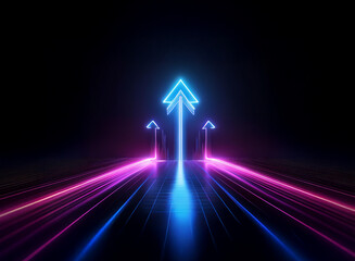 Poster - Glowing neon arrows ascend on a dark, reflective surface, creating a dynamic, futuristic pathway.  Pink and blue light streaks emanate from the arrows, suggesting speed and progress.